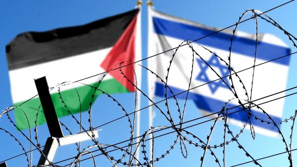 israel palestine gaza hamas war flags barbed wire