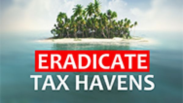 Trees on small island and words eradicate tax havens