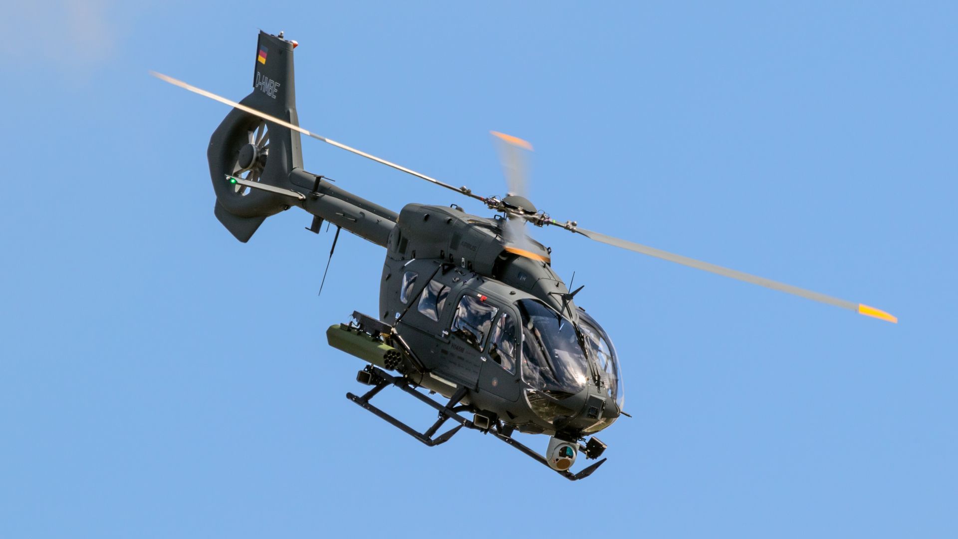 An Airbus H145M military helicopter in the air