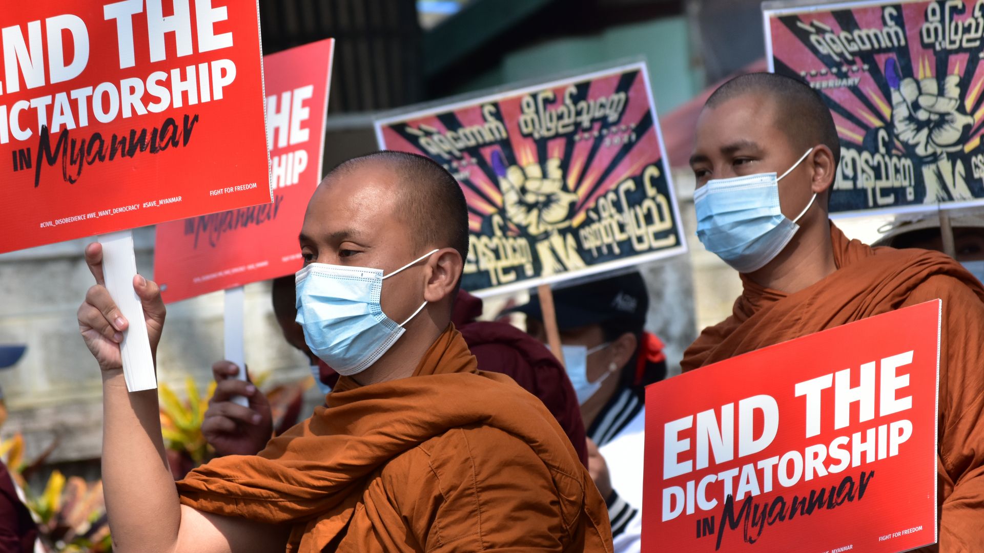 Monks in Myanmar join the protests against the military coup in March 2020