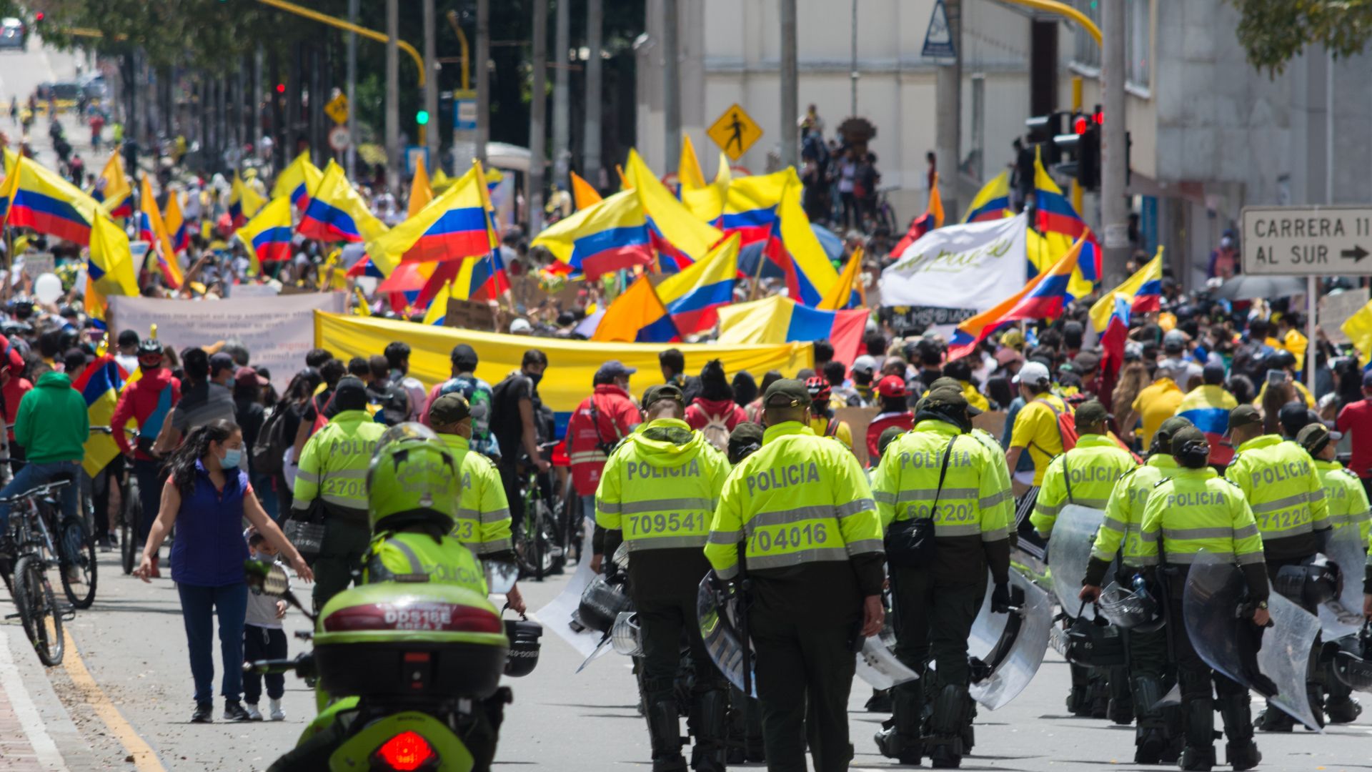 ESMAD riot police approaching protesters in Bogota, Colombia