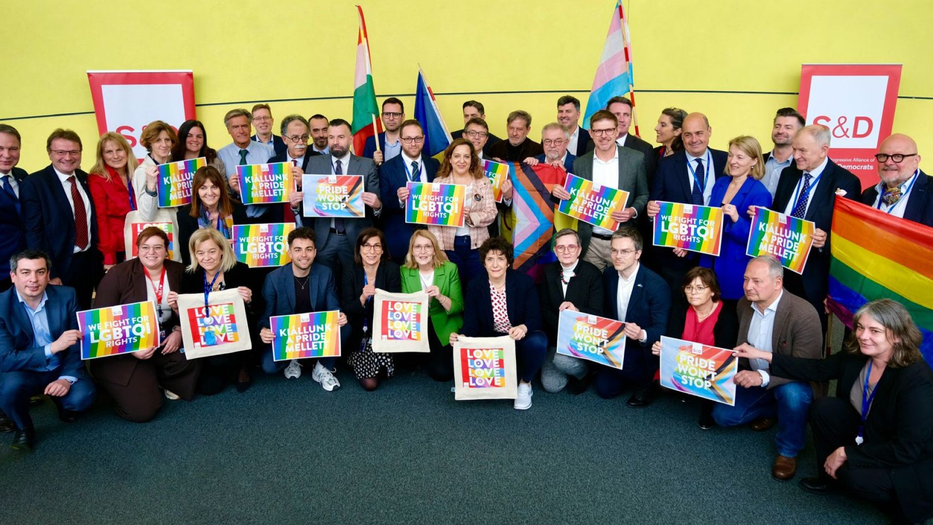 MEPs holding signs in solidarity with the LGBTIQ communities in Hungary