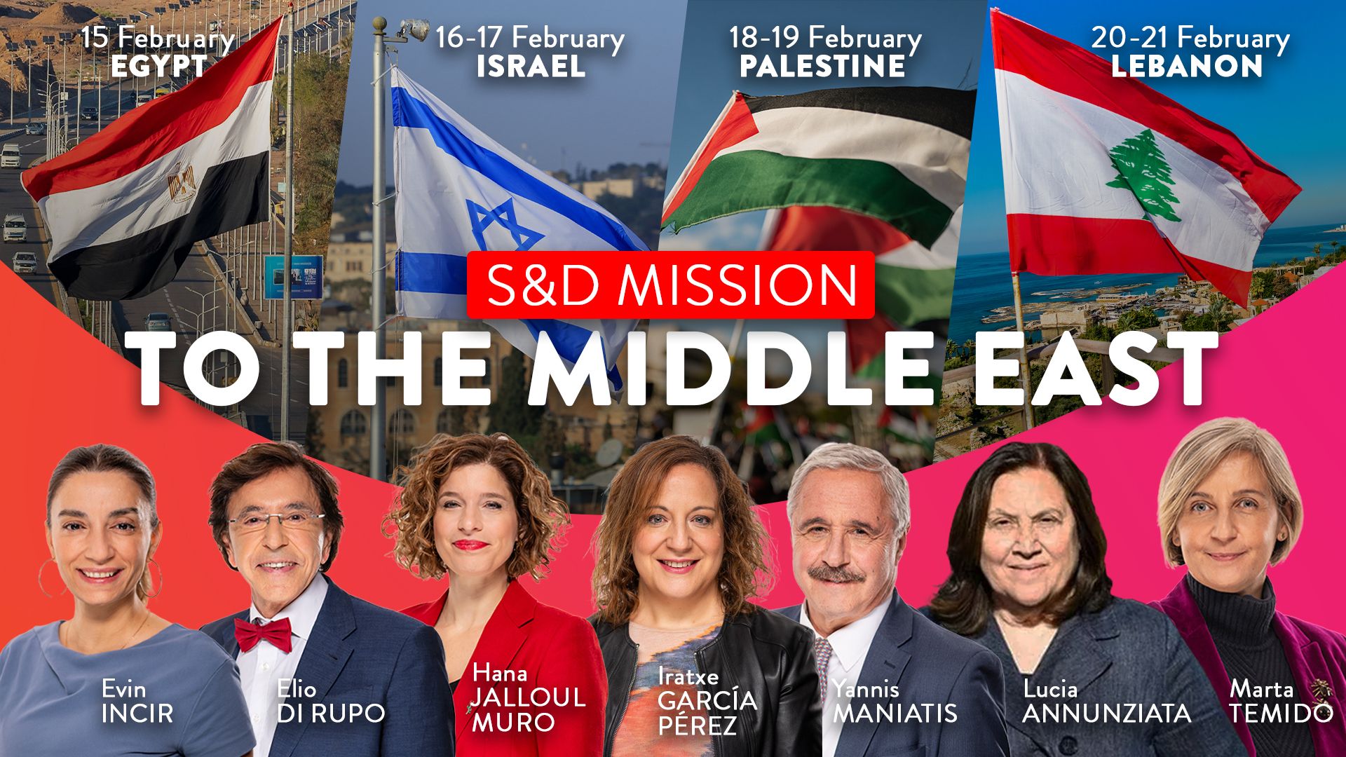 S&D MEPs standing next to each other in front of Middle East country flags