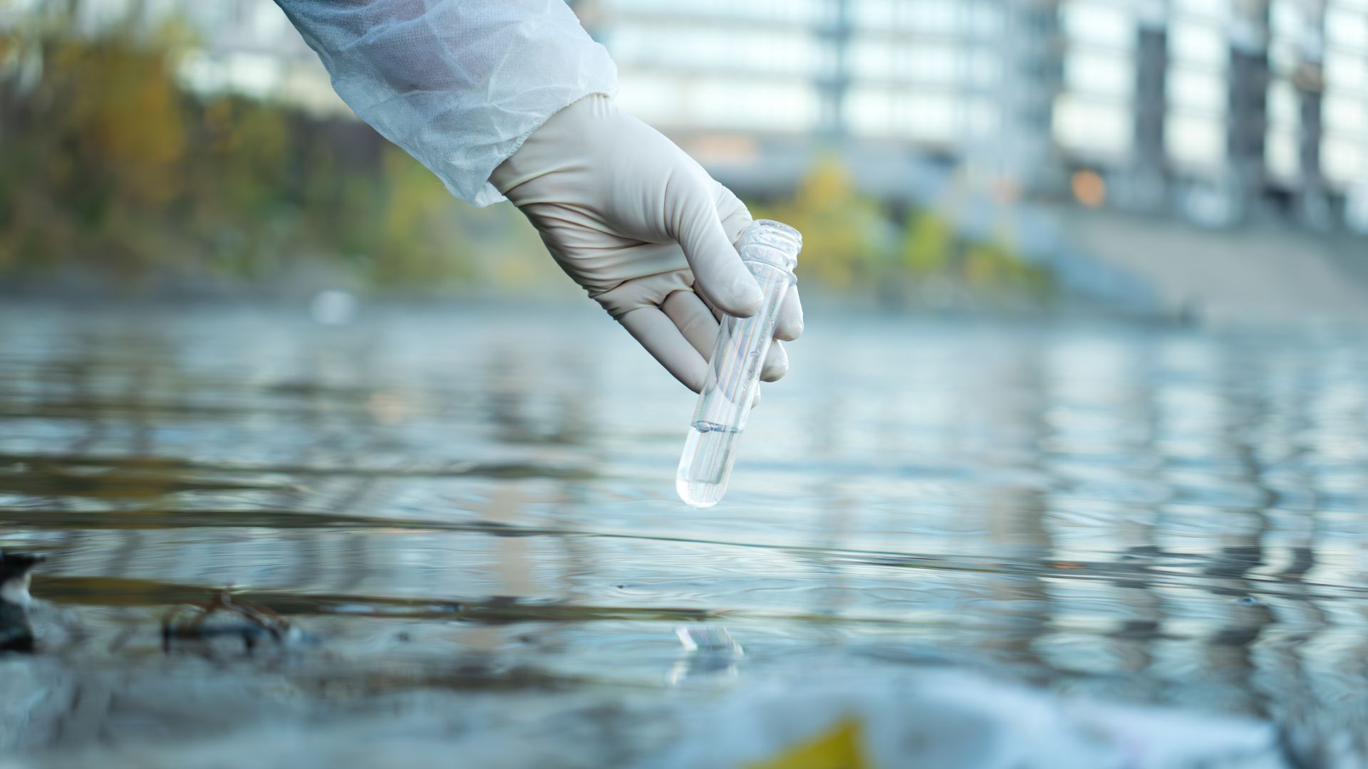 Scientist taking water with a vial from a small body of water
