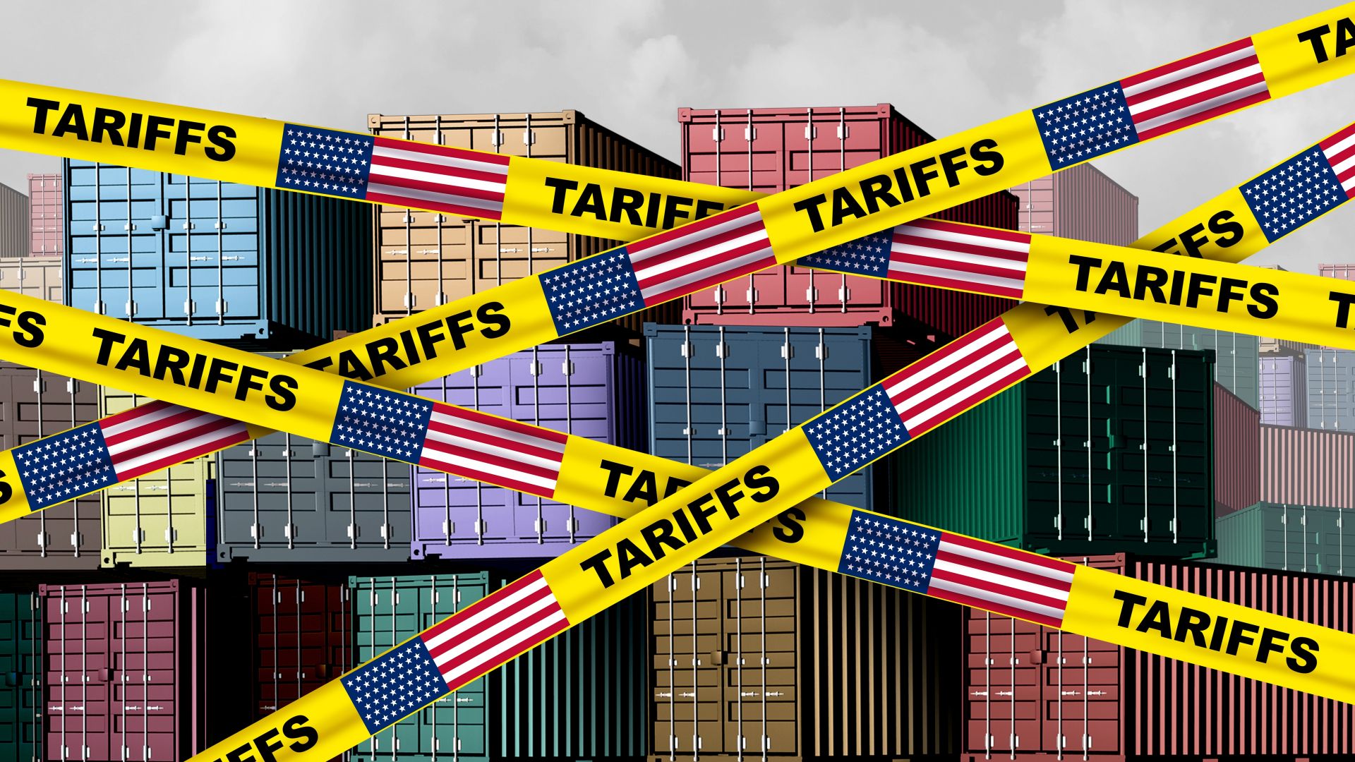 Shipping containers covered with yellow tape covered with the US flags and the word "Tariffs"