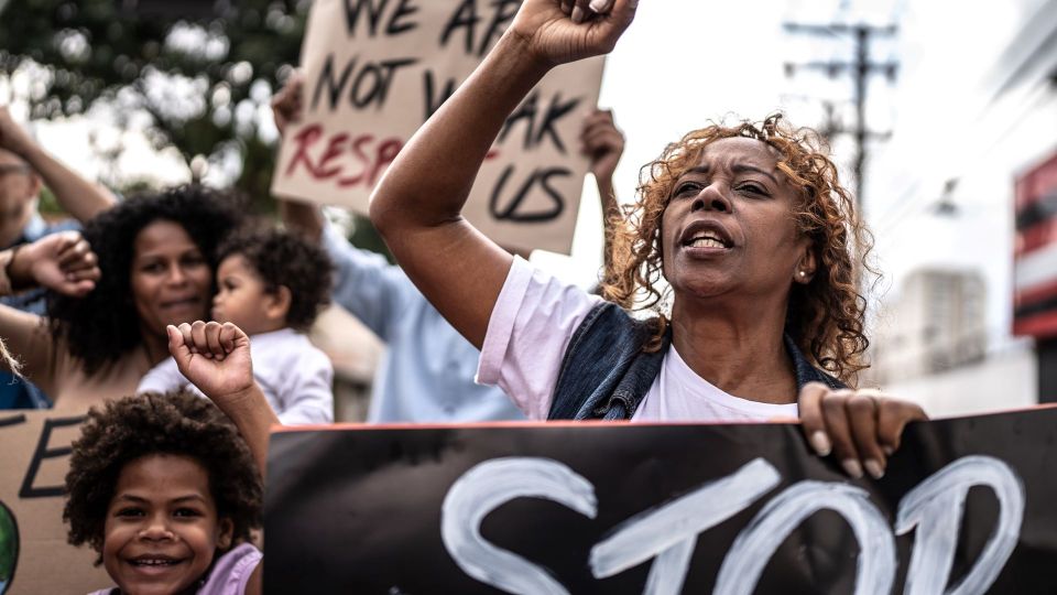 Protest fight woman child