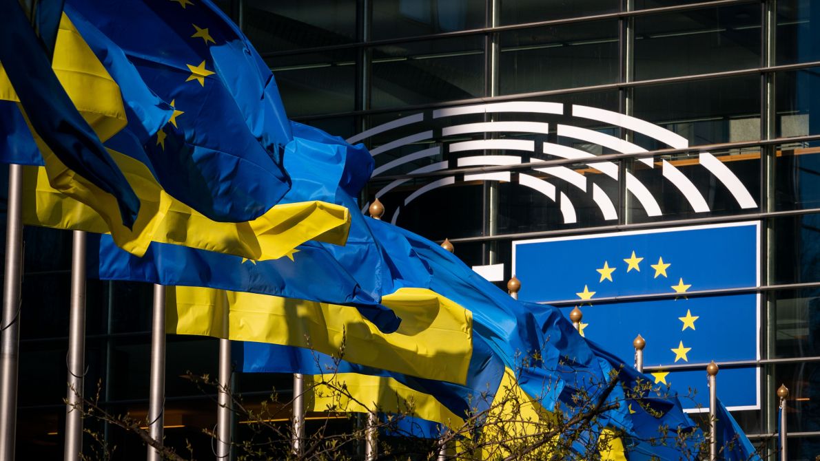 Ukraine and EU flags flying at the European Parliament