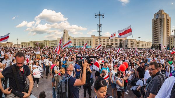 Protestors gathering in Minsk following the disputed presidential elections of August 2020