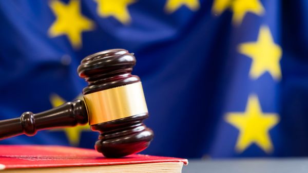 A gavel resting on a legal text in front of an EU flag