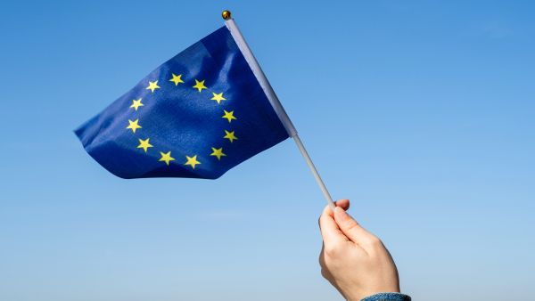 Hand waving a small EU flag