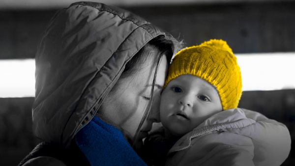 Ukrainian mother holding her baby