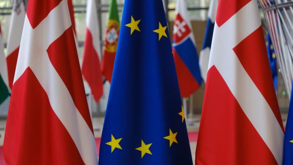 EU flag in the middle of two Danish flags