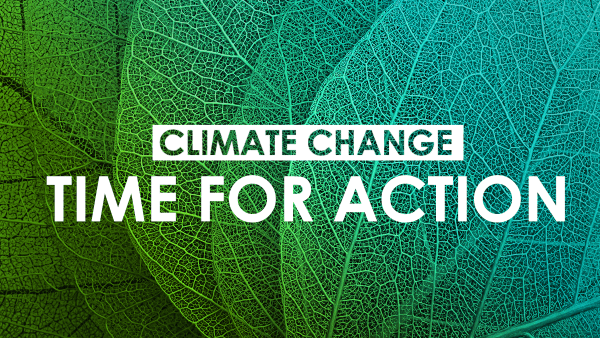 Climate change - time to act - writing on green leaves