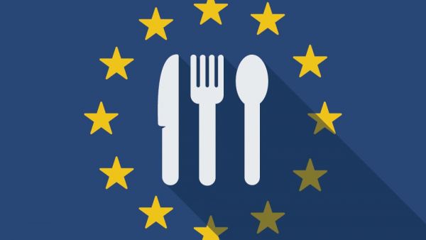 European stars and knife, fork and spoon inside circle