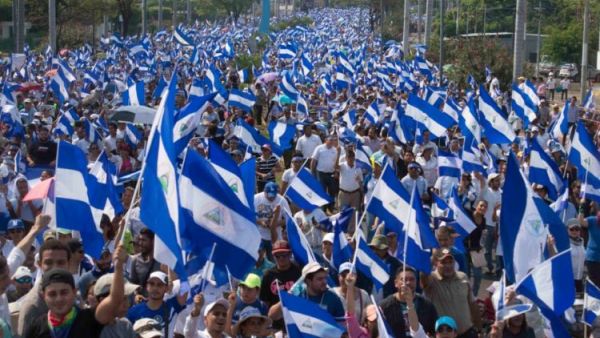 People out demonstrating in Nicaragua waving flags