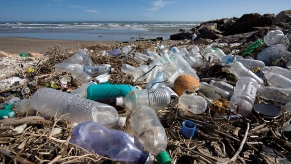 Plastic bottels and bags in ocean