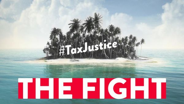 tax justice - fight goes on text over island in sea