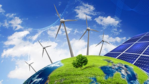 green climate - wind turbines, solar panels on green world